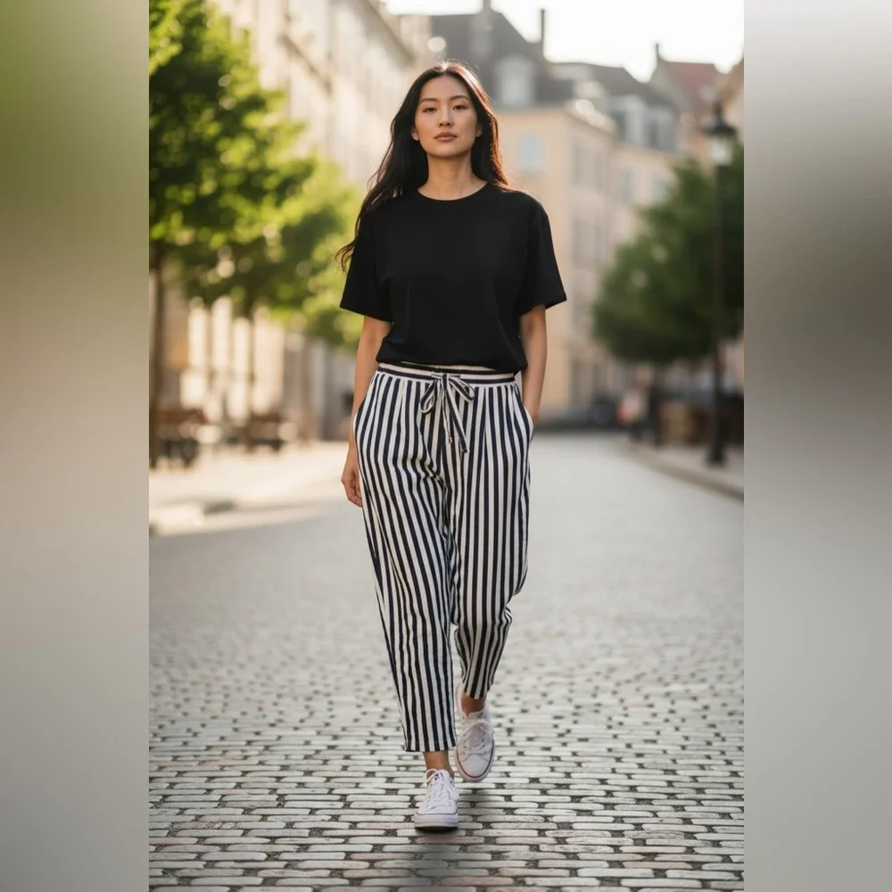 ZARA Navy White Striped Paperbag Waist Pants Size 8 - Picture 10 of 13